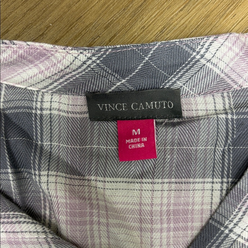 Vince Camuto Plaid Print Ruffle Sleeve Henley Top - Picture 5 of 5